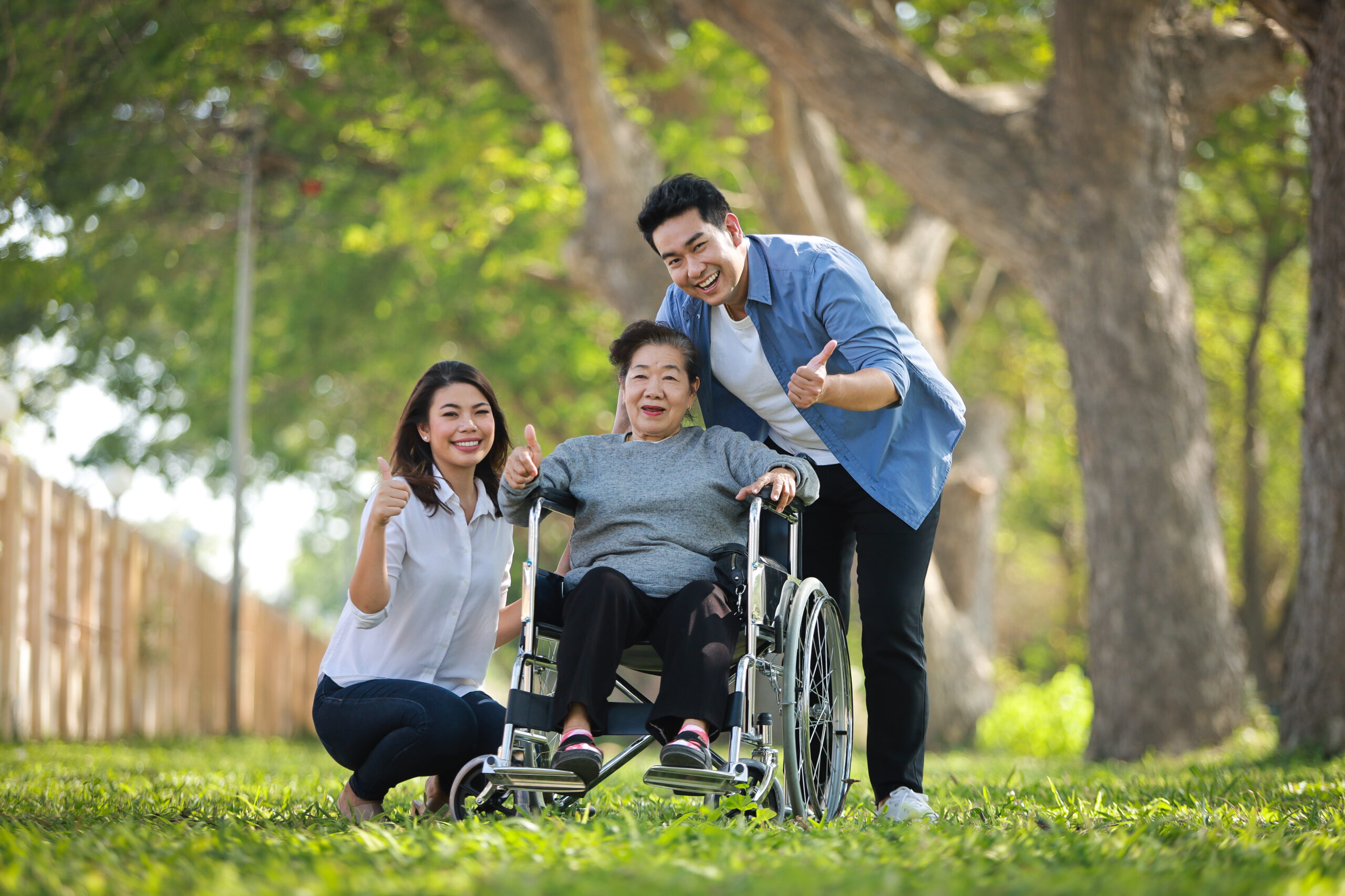 Asian senior woman sitting on the wheelchair with family happy smile face on the green park